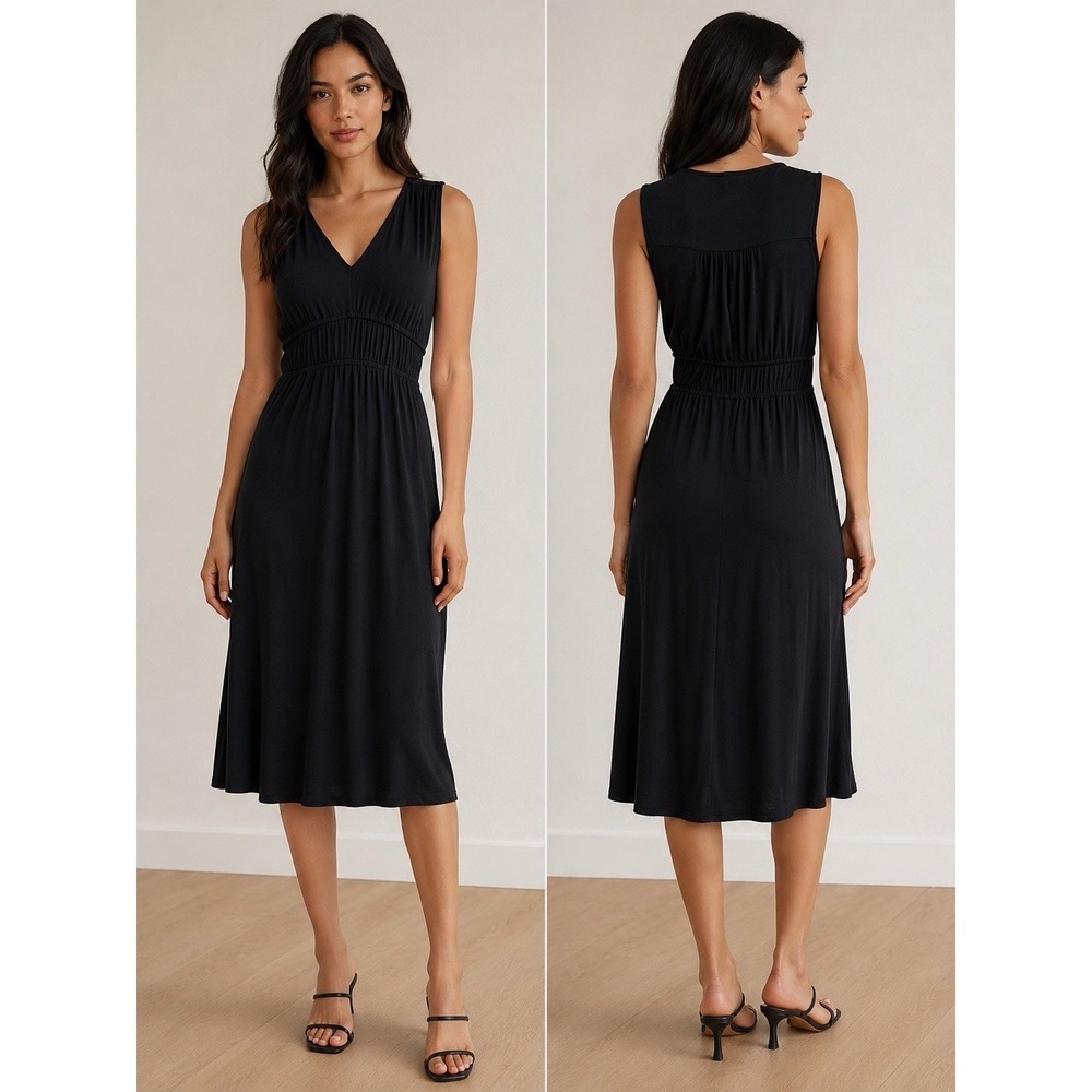 Joie Black Soft Luxe Drapey Pleated Empire Waist Midi Dress Size XS Minimalist